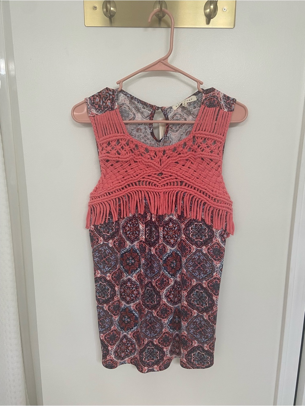 Coral Crochet Fringe Tank Top with Printed Body - Women